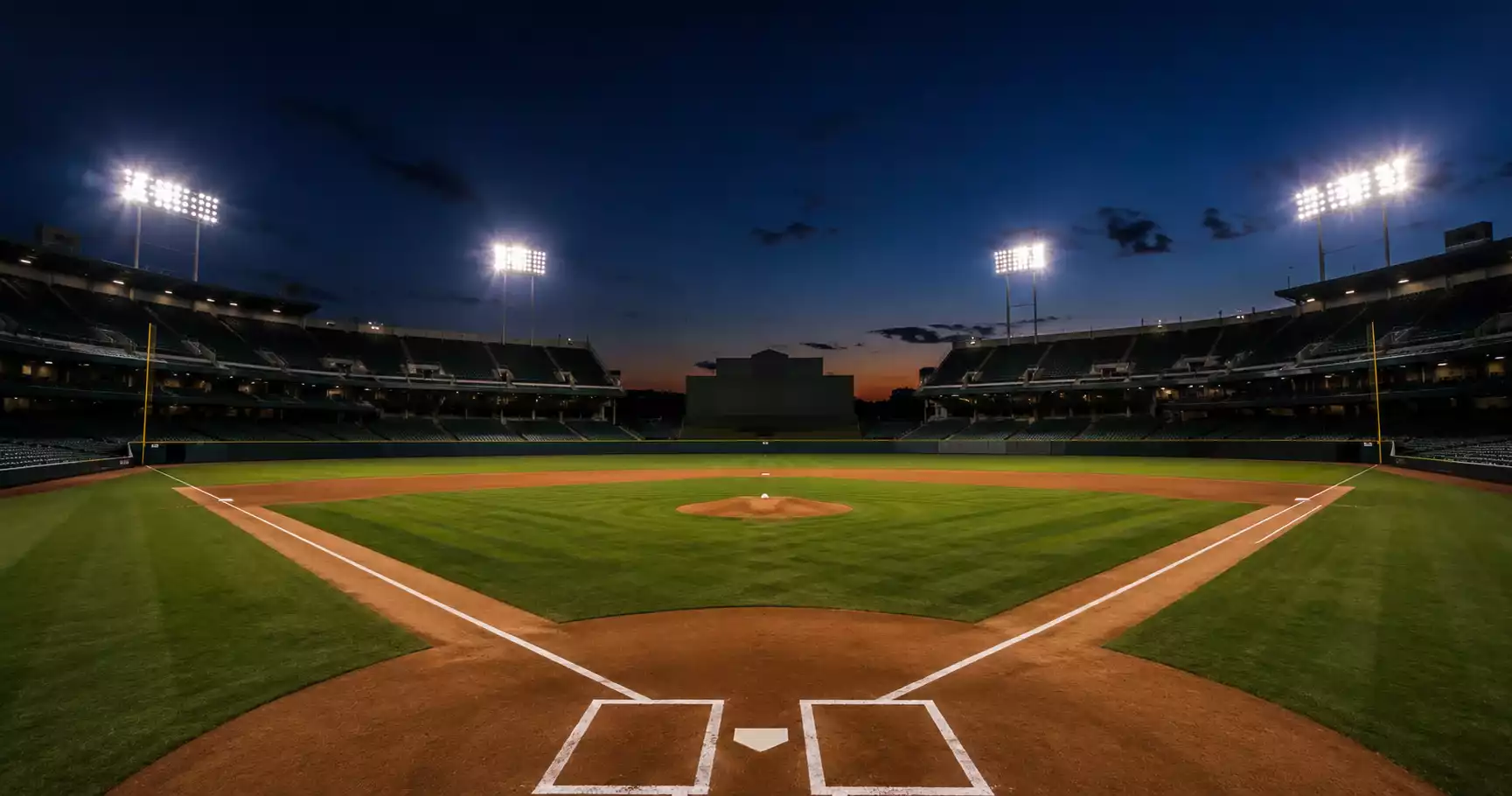 Baseball diamond viewed from behind home plate at dusk, with stadium lights illuminating the infield