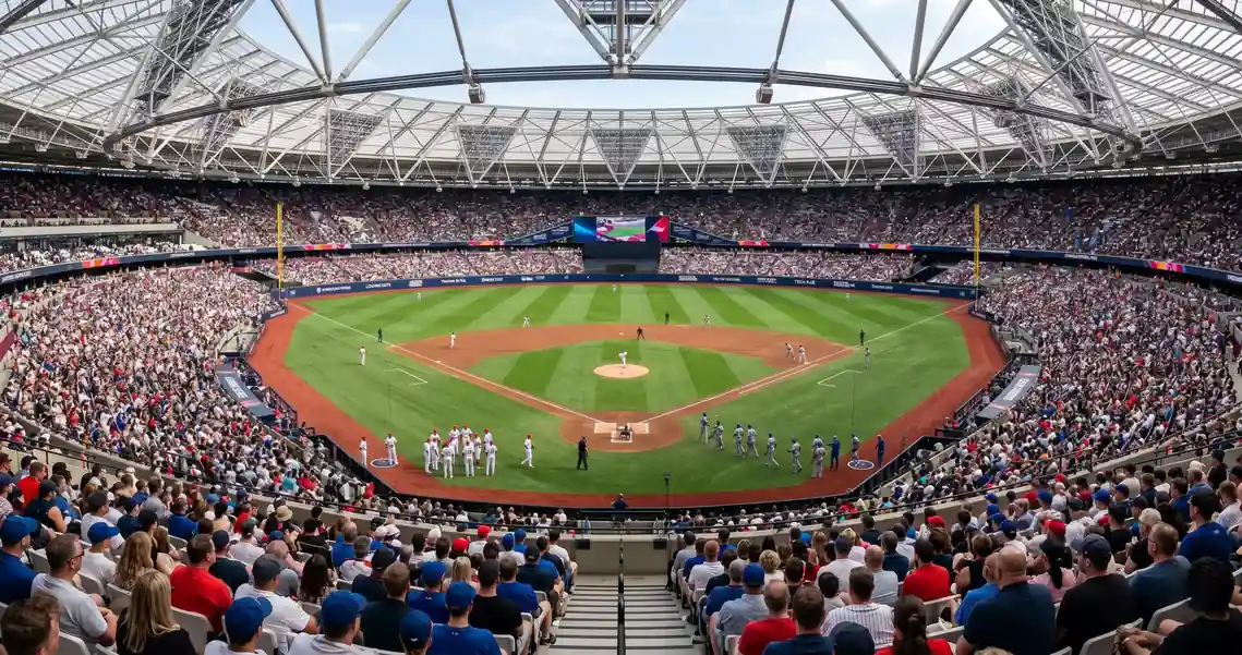 Crowd at London Stadium during MLB London Series with players warming up on the field